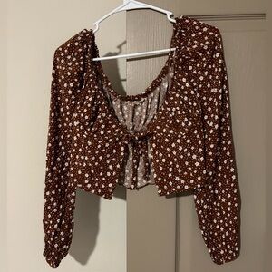 La Hearts Brown Floral Tie-Front Crop Top
